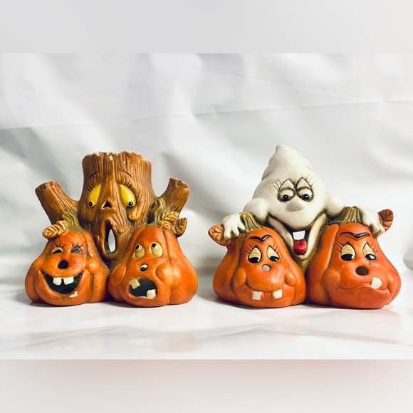 Other - Vintage Ceramic Halloween Haunted Tree Jack-O-Lantern Ghost Candle Holders